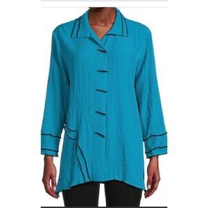 Ali Miles Women’s Button Up Crinkle Shirt Sz L New Turquoise Crepe Oversized art
